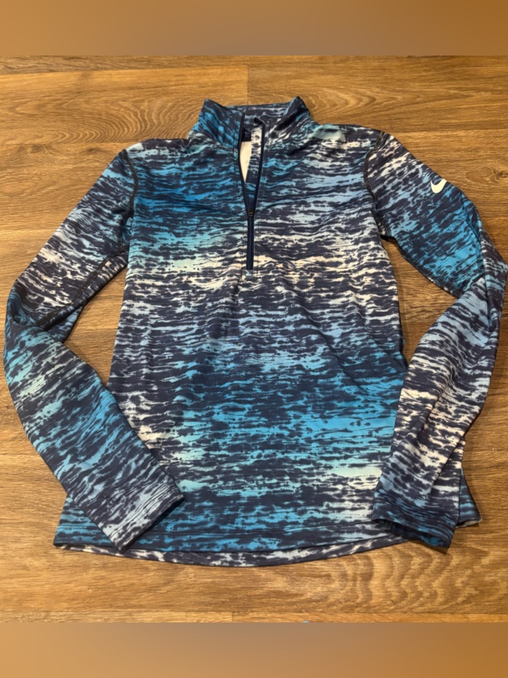 Nike Pro Dri-FIT 1/4 Zip Running Top Blue White Pattern Long Sleeve Women’s S